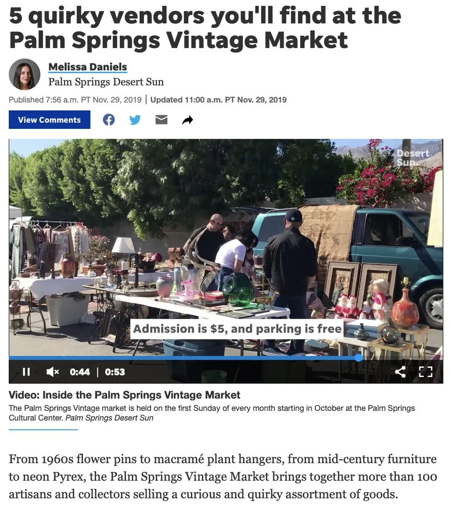 “5 Quirky Vendors You’ll Find at the Palm Springs Vintage Market”
by Melissa Daniels
Palm Springs Desert Sun