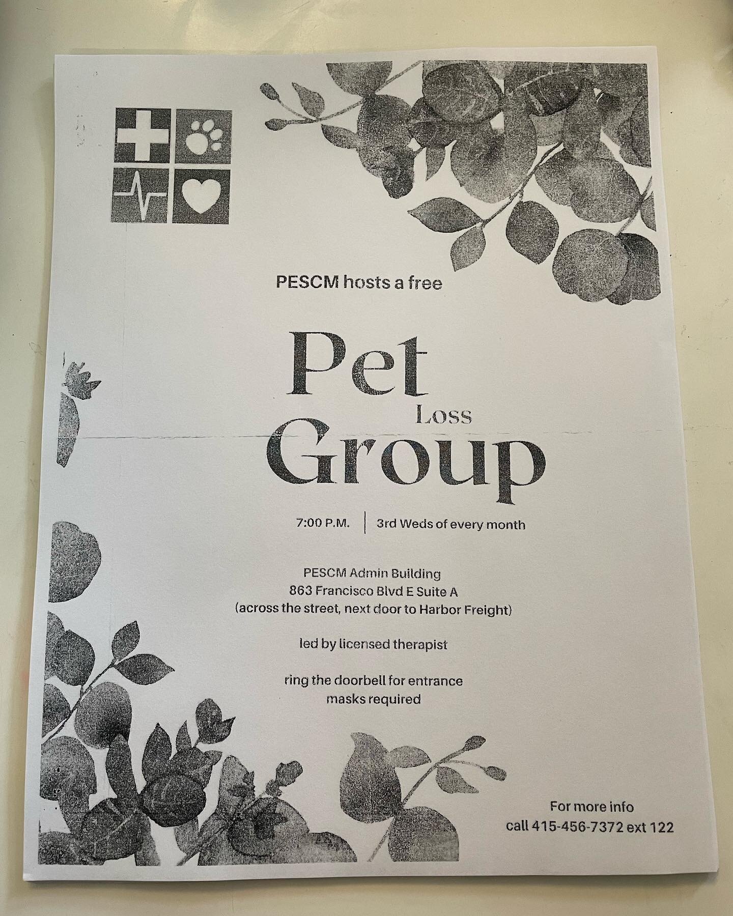 PESCM is offering a free pet loss support group available on Wednesday at 7 pm. If you or someone you know is struggling with the loss of a beloved pet this is a great resource to help in difficult times. 🤍