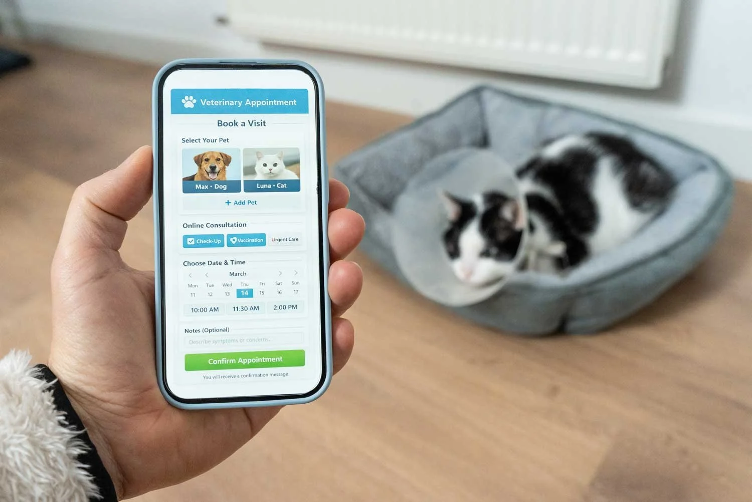 A person holding a smartphone with a veterinary appointment booking app open.