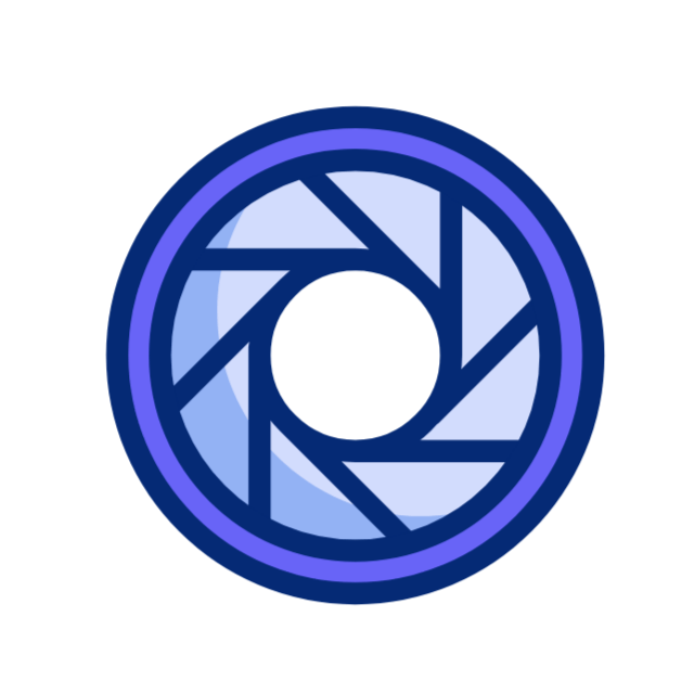 Stylized camera aperture icon with shades of blue and circular design