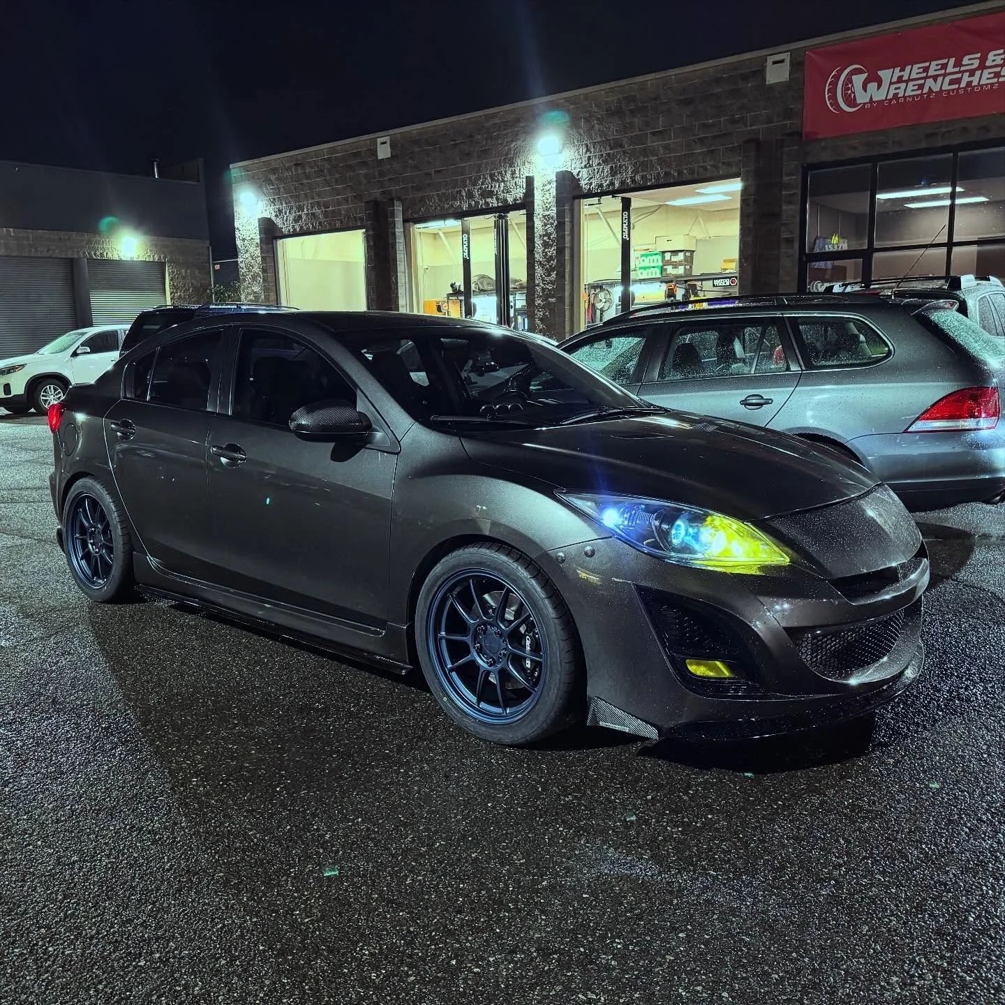 Changing of the guard&hellip; or something like that. The first step in making the Mazda road worthy for @jax.m.09 is a fresh set of @tswalloywheels with taller @nittotire &lsquo;s and plenty of clearance. My friends over at @wheelswrenches in Auburn