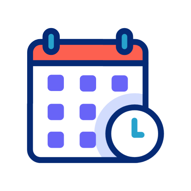 A calendar with a clock icon in front of it, indicating scheduling or time management.