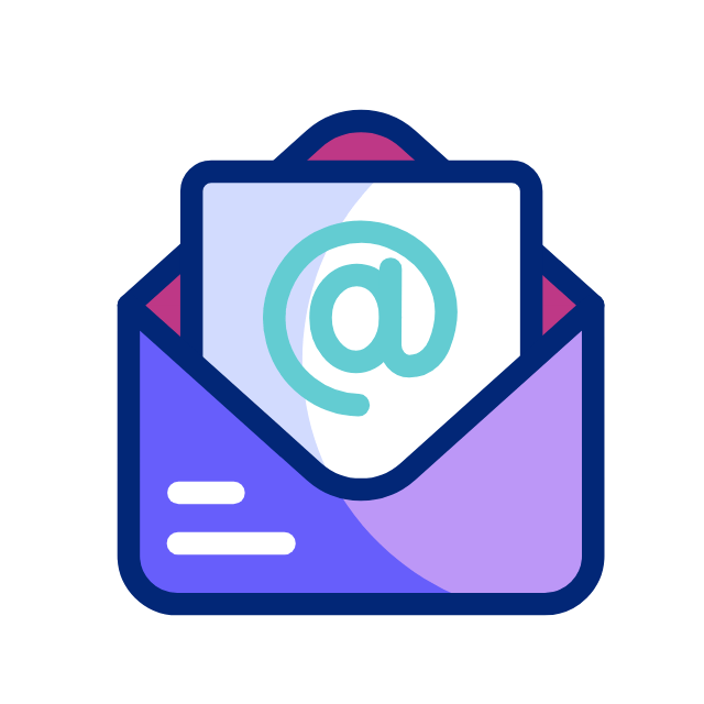 A purple envelope with an email icon '@' inside an open letter