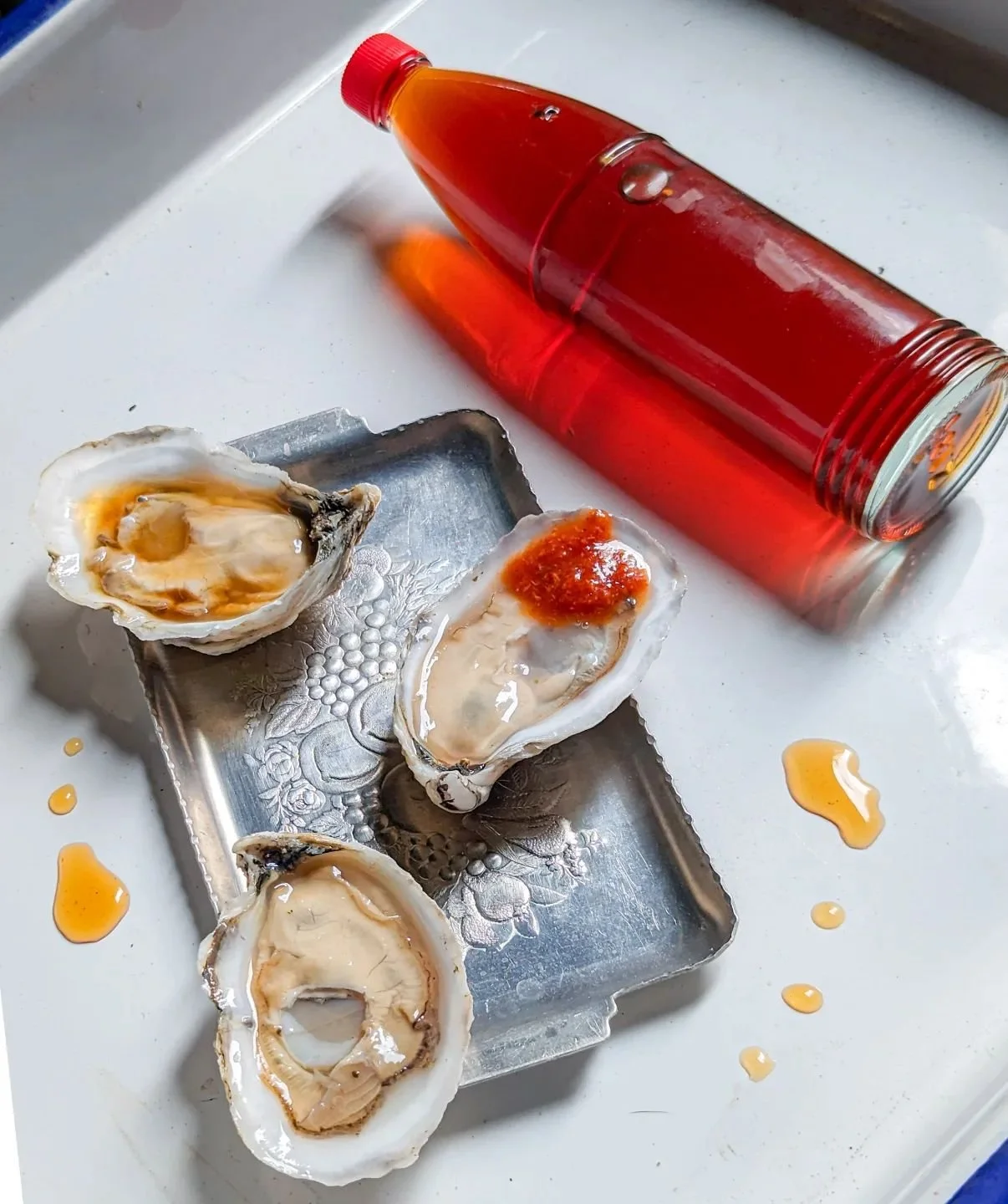 I was going on about pairing smoke and heat with oysters (video forthcoming) when Ben went ahead and whipped up this Ancho &amp; Guajillo Vinegar. It's perfect. The smoke lifts up those algal flavors, and it makes way for the oyster to finish on its 