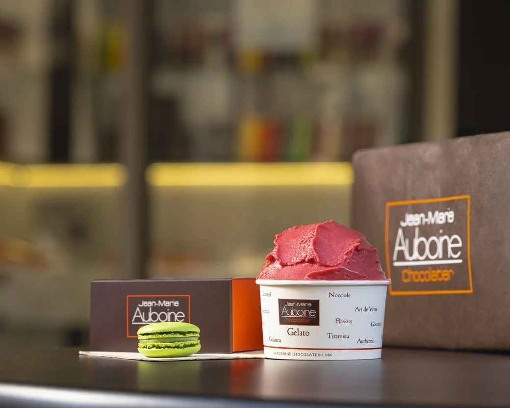 Gelato cups outside Jean-Marie Auboine Chocolatier at Tivoli Village