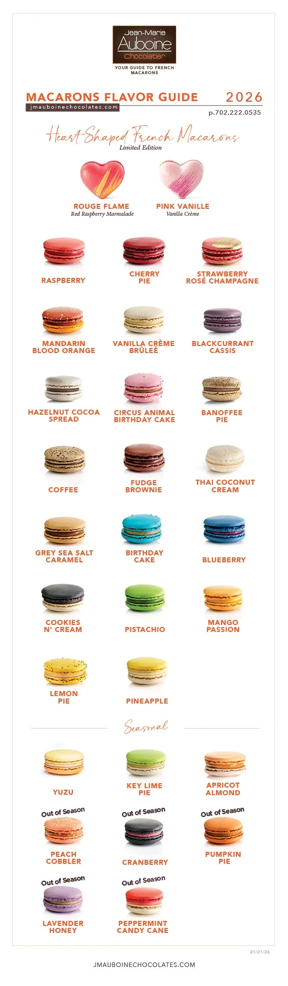 Heart Shaped Macarons images are shown with flavor descriptive text immediately below, then colorful French macarons are aligned in rows of 3 with the names of each flavor; at the bottom of the list are seasonal flavors