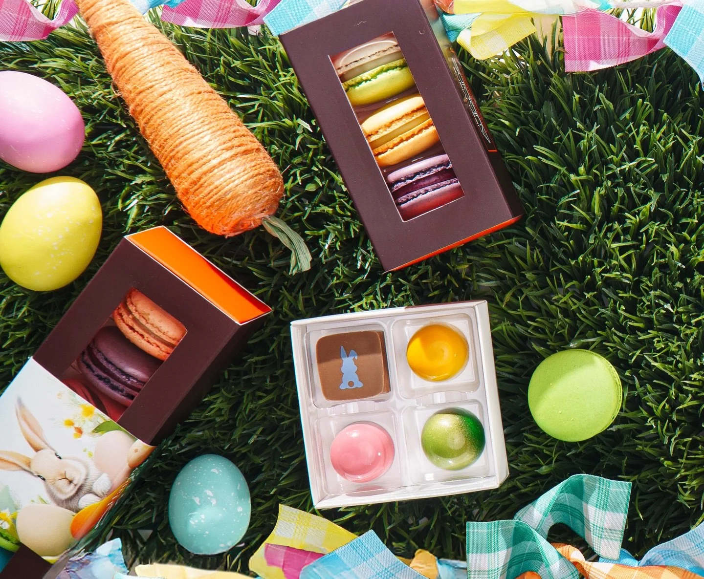 Easter with our exclusive 6-piece French Macaron assortment, featuring a selection of delicious flavors: Birthday Cake, Pistachio, Lemon Pie, Strawberry Rose Champagne, Blackcurrant Cassis &amp; Peach Cobbler. 

As for our chocolates we have a limite