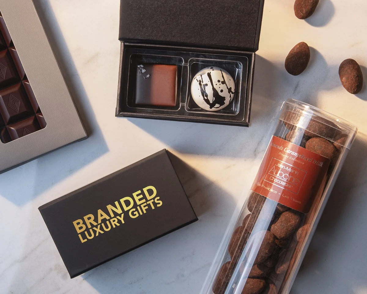 Custom branded box with premium chocolate ideal for convention gift