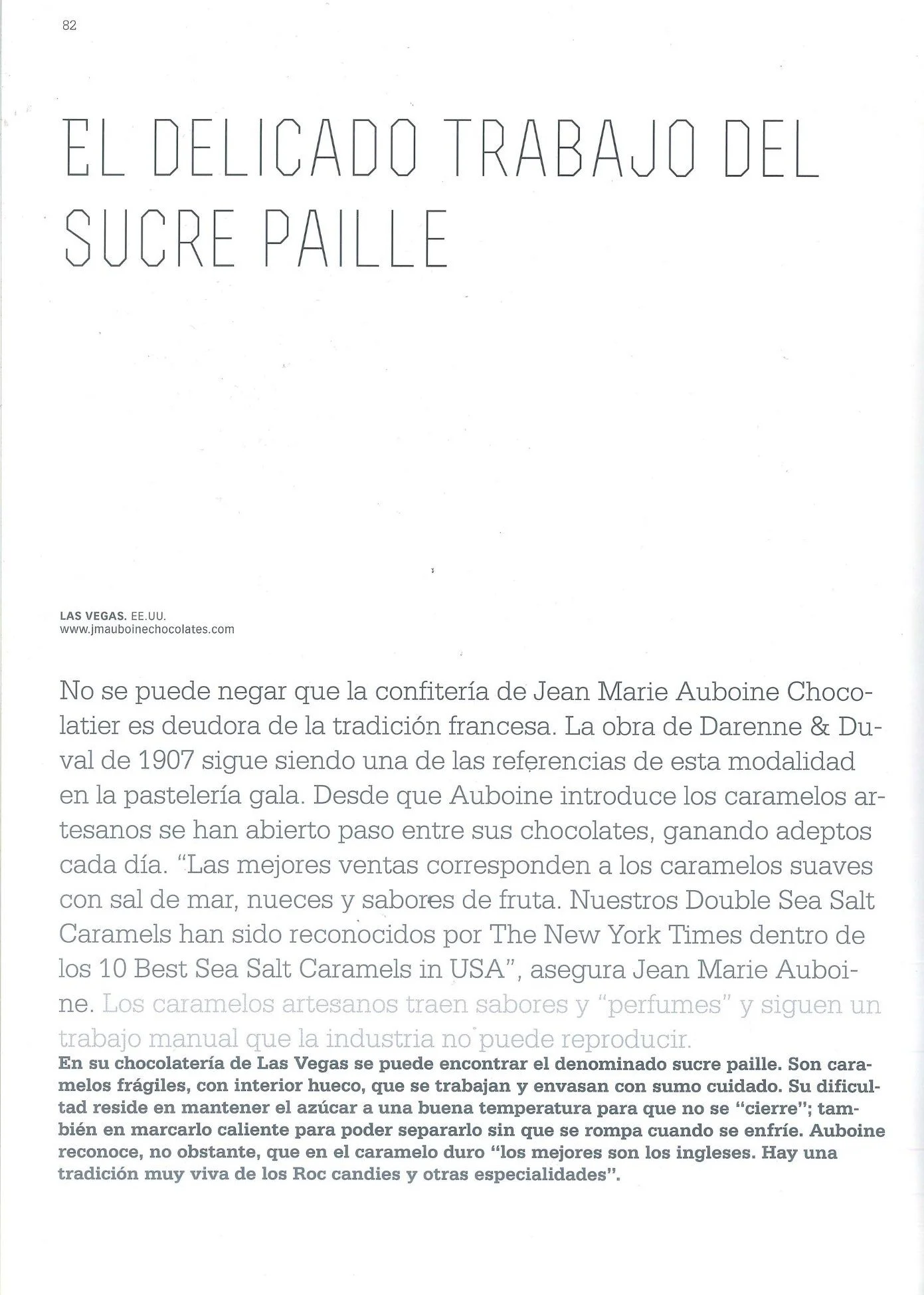 “El delicado trabajo del sucre paille” article page featuring Jean-Marie Auboine Chocolatier in Dulcypas magazine
