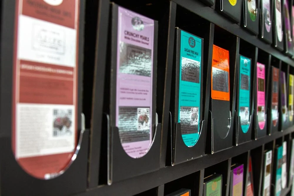 Shelf of handcrafted in Las Vegas chocolate bars