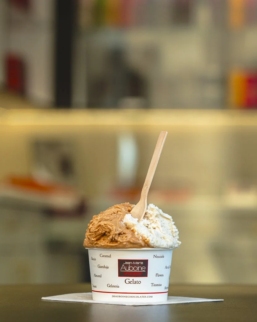 Gelato cups outside Jean-Marie Auboine Chocolatier at Tivoli Village