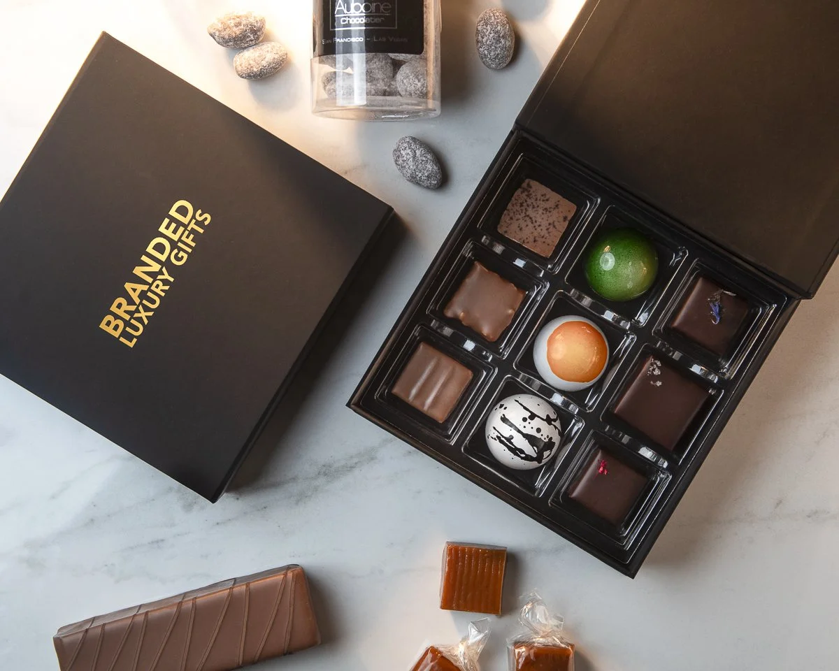 Premium black corporate chocolate gift box with assorted chocolates for executive holiday gifting