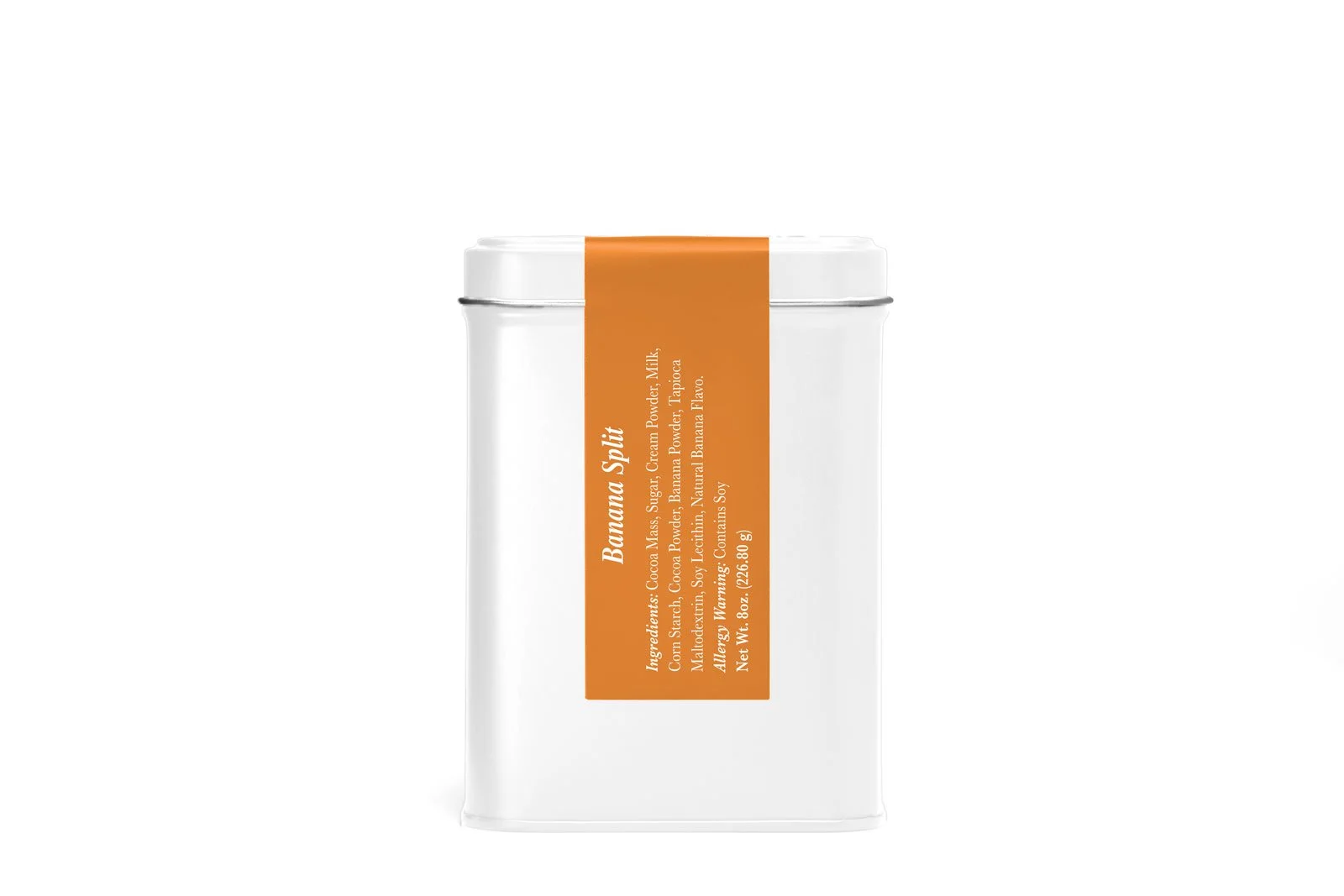 High end banana split hot chocolate mix in a premium tin.