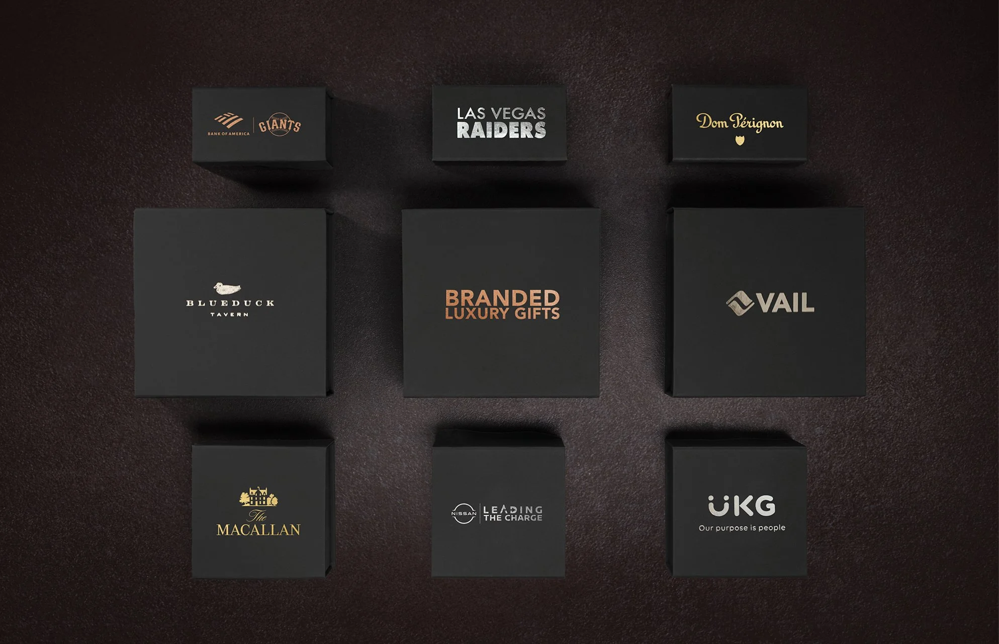 Custom logo corporate gift boxes for branded holiday gifting and executive client gifts