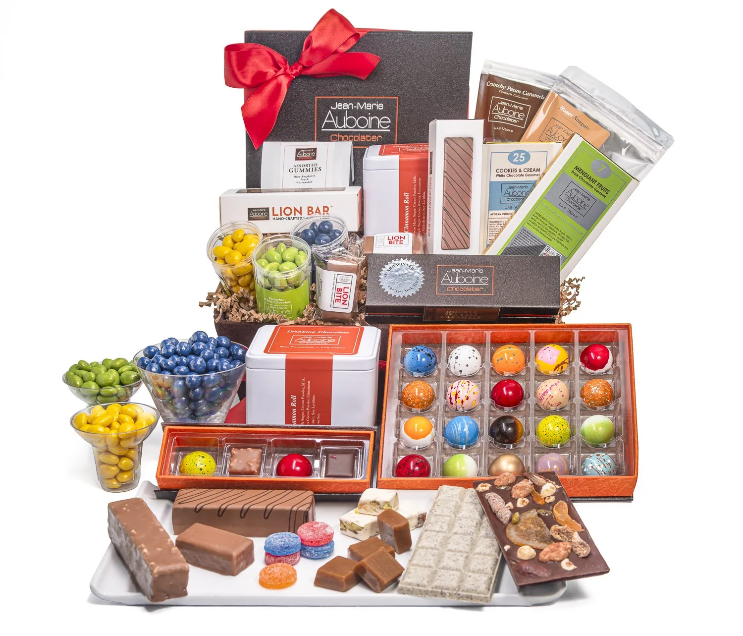Gourmet Ultimate Chocolate Indulgence Gift Basket Spread Out on a white table