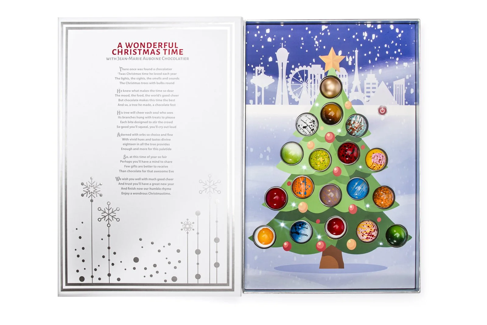 Luxury Christmas Storybook featuring premium chocolate ornaments on a festive Christmas tree design