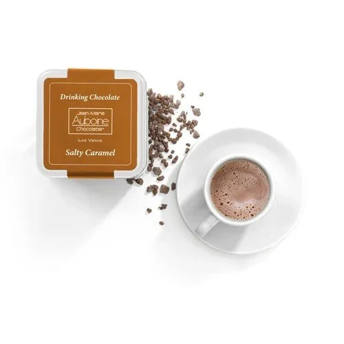 Luxury salted caramel hot chocolate mix in a premium tin