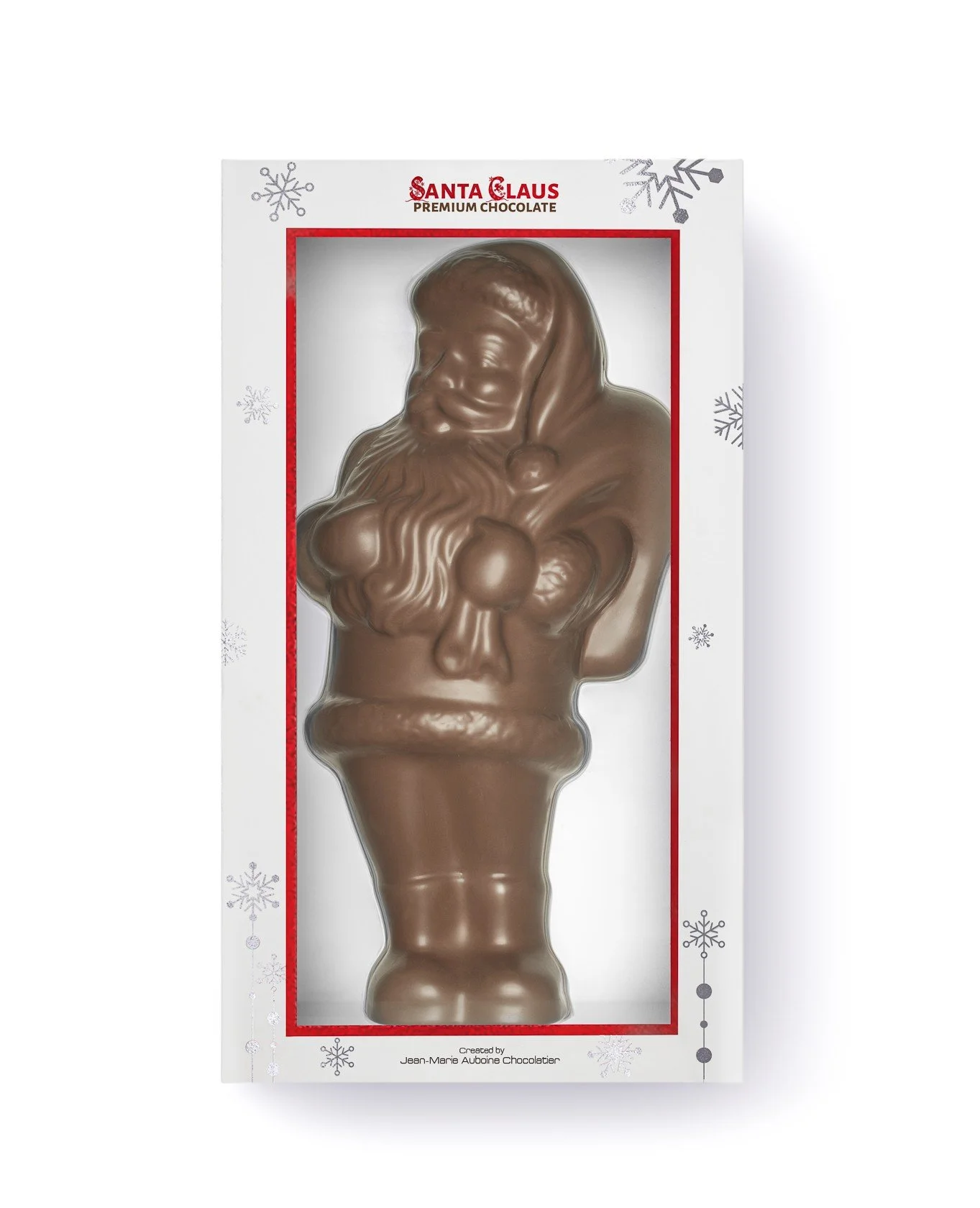 Premium milk chocolate Santa figurine presented in elegant holiday packaging