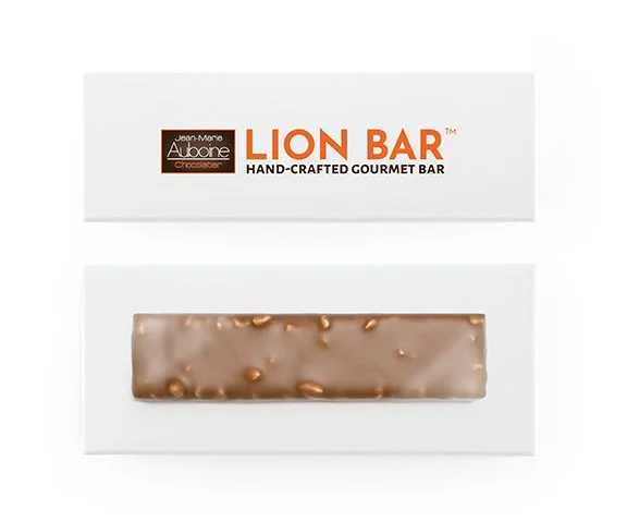 Lion Bar presented in a premium chocolate gift box from Jean-Marie Auboine Chocolatier.