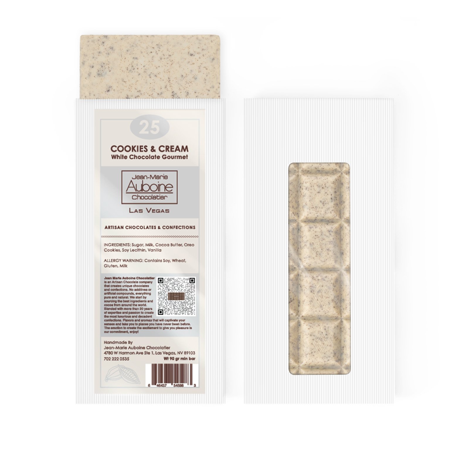 Artisan white chocolate Cookies & Cream bar with creamy texture and crunchy cookie pieces.