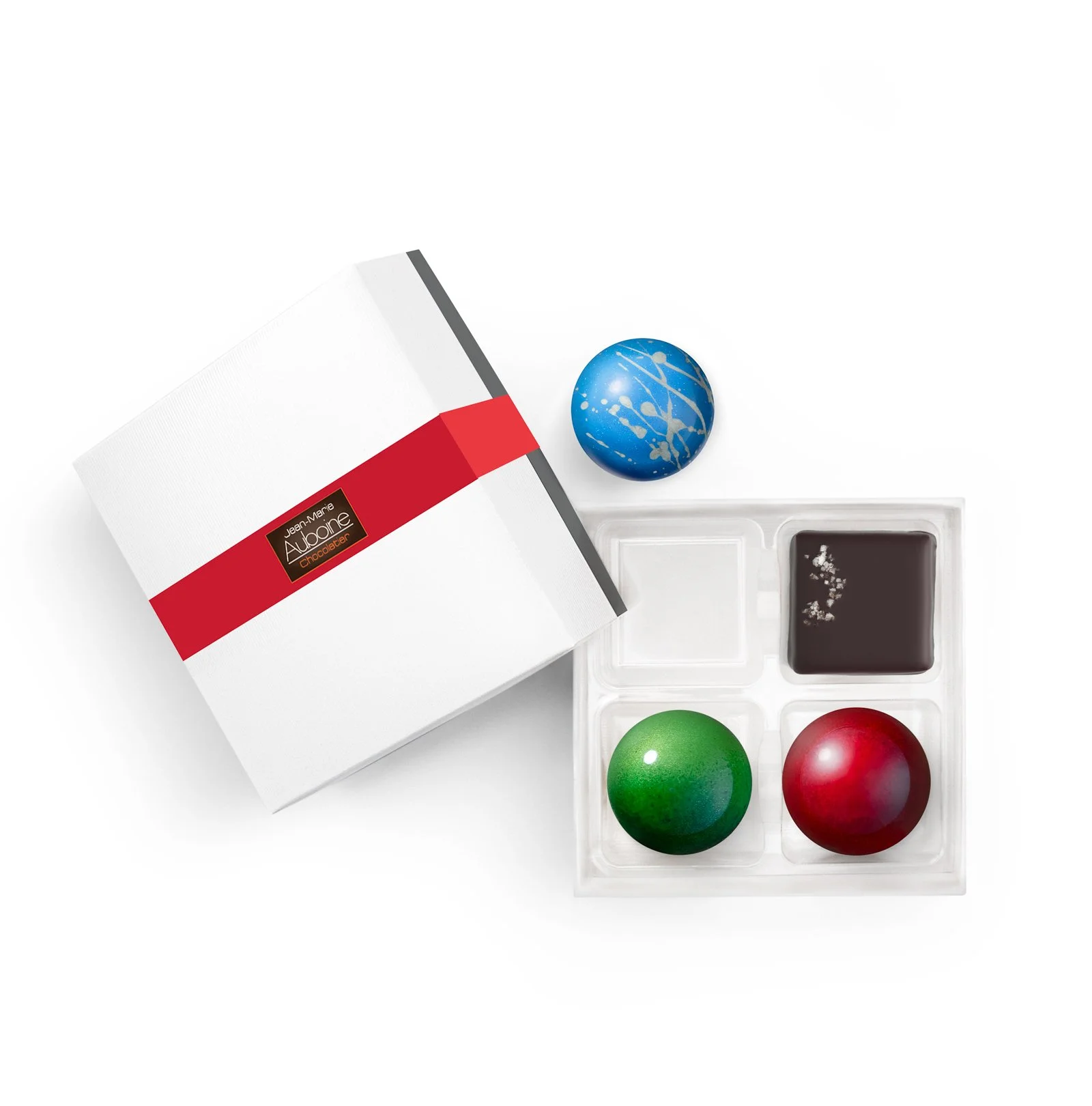 Premium two-piece chocolate gift box with artisan bonbons and festive red ribbon