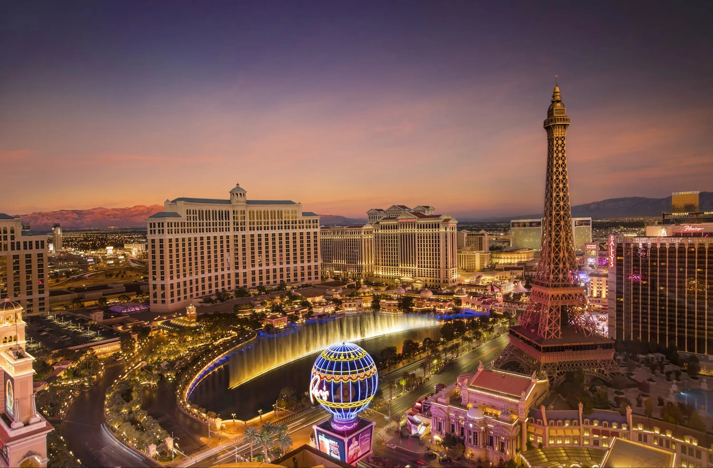 Las Vegas Strip illuminated at night with hotels, lights and city attractions