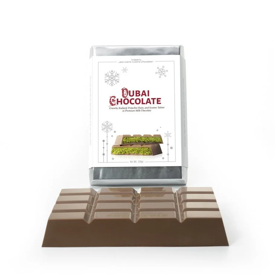 Luxury Dubai Bar crafted with milk chocolate, pistachio, and kadayif in premium packaging.
