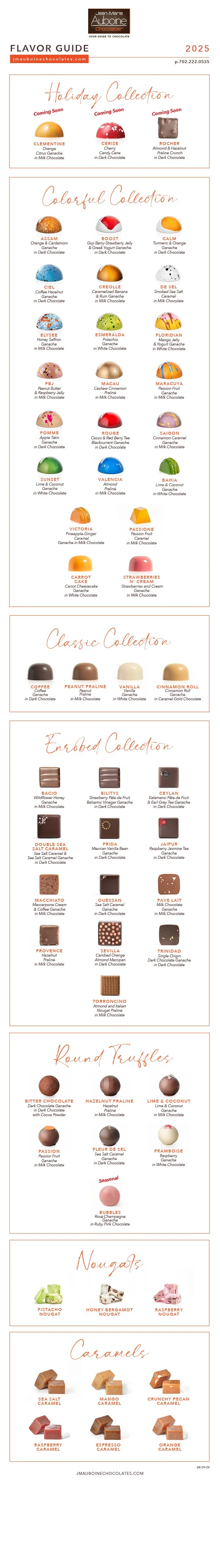 2025 Premium Chocolate Flavor Guide by Jean-Marie Auboine Chocolatier featuring holiday chocolates and signature collections.