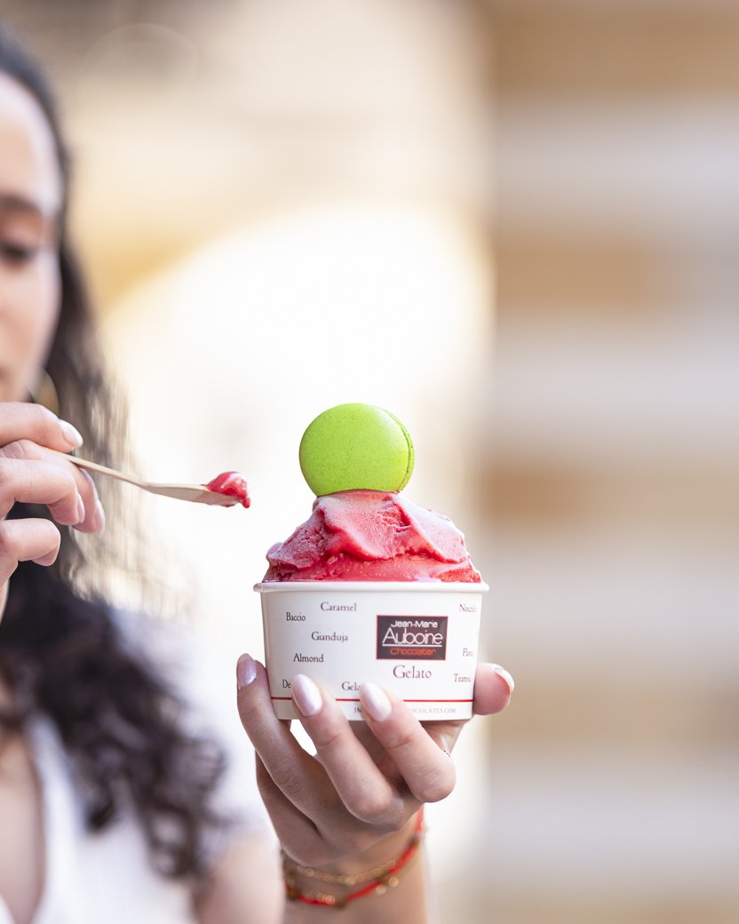 Customers enjoying gelato at Jean-Marie Auboine Chocolatier in Las Vegas