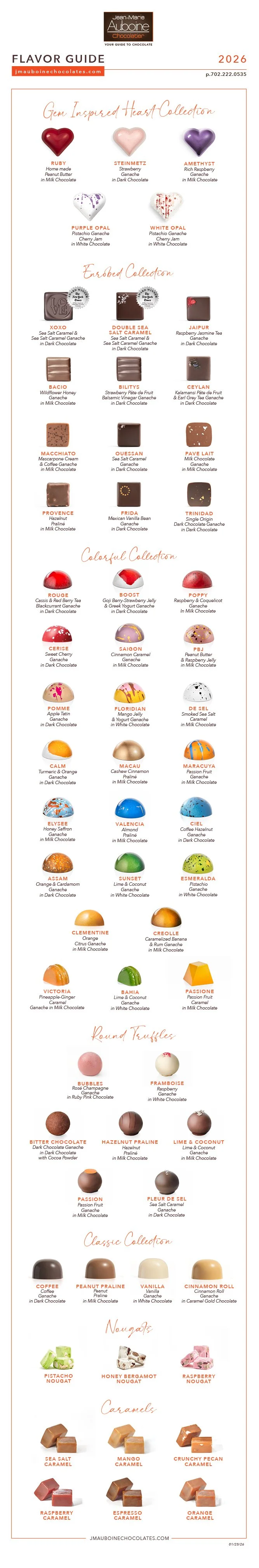 Images of heart chocolates with flavor descriptions below each; enrobed chocolate images with flavor description, colorful chocolates with flavor description shown, and more a seasonal chocolate flavor guide