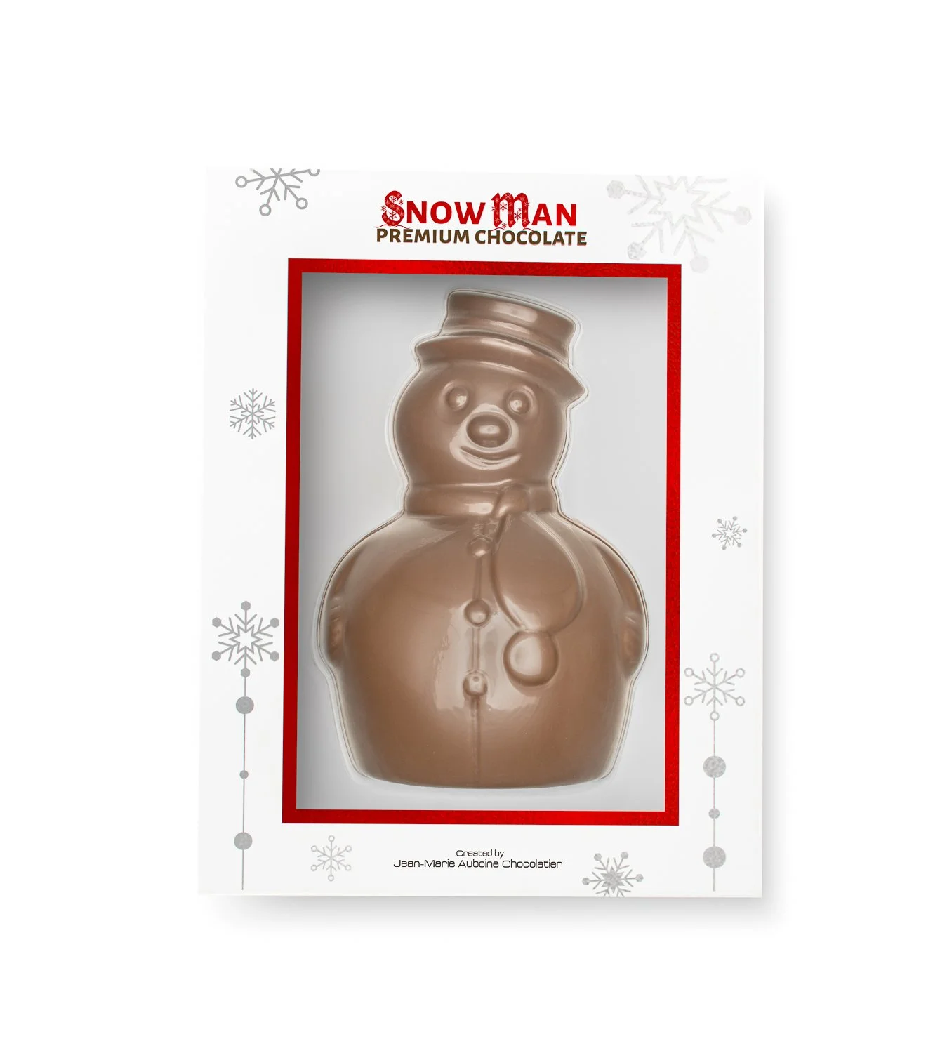 Luxury milk chocolate snowman figurine showcased in festive winter packaging
