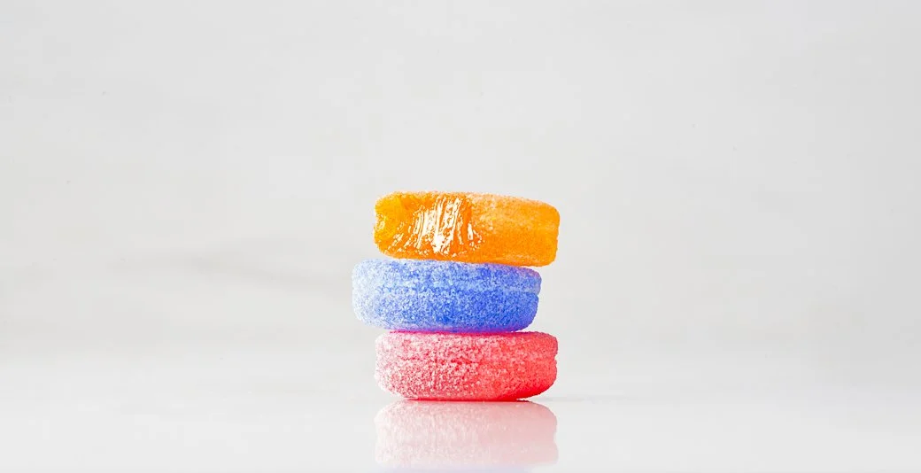 Handcrafted gummies by jean-marie auboine  chocolatier featuring 3 flavors, peach, blue raspberry and watermelon