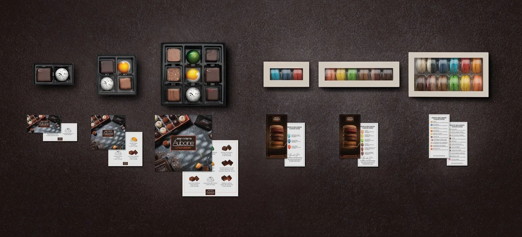 Corporate chocolate gift vendor options with chocolate boxes, French macaron boxes, and personalized insert examples