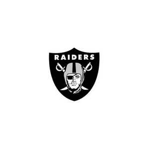 The Raiders logo featuring a black shield with a silver border, a male face wearing a silver football helmet, and the word 'RAIDERS' above him.