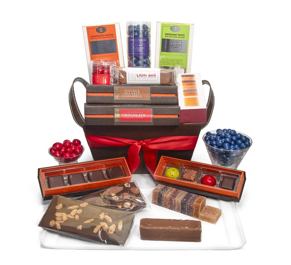 Corporate holiday gift basket with premium chocolates and confections for client or executive gifting