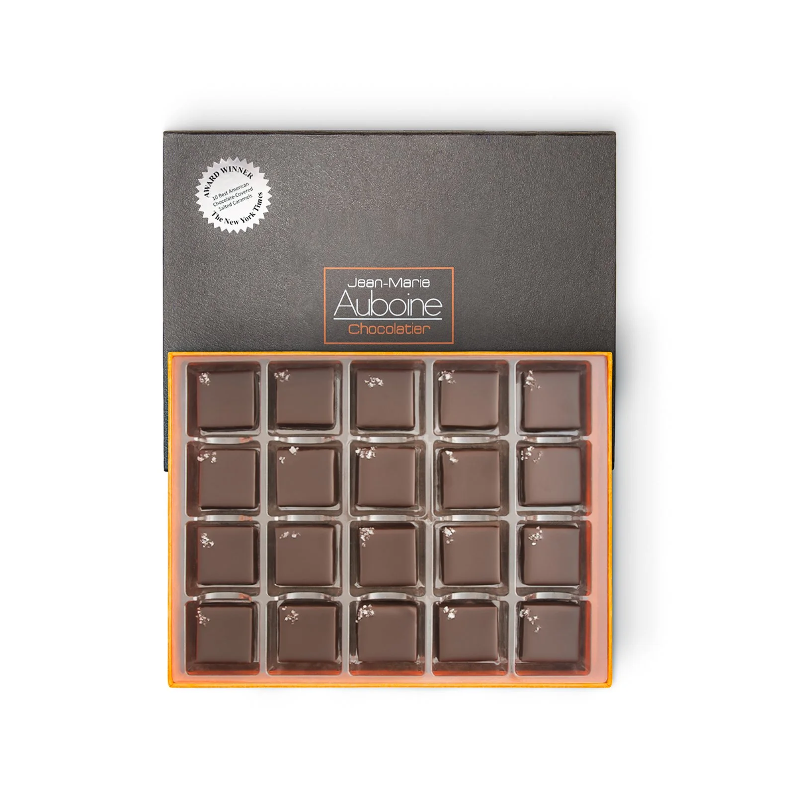 Award-winning Double Sea Salt Caramels presented in a luxury chocolate gift box by Jean-Marie Auboine Chocolatier.