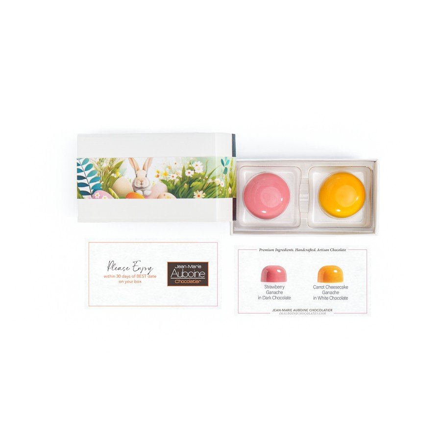 2-piece Easter chocolate box with carrot cake and strawberry bonbons in luxury white gift box