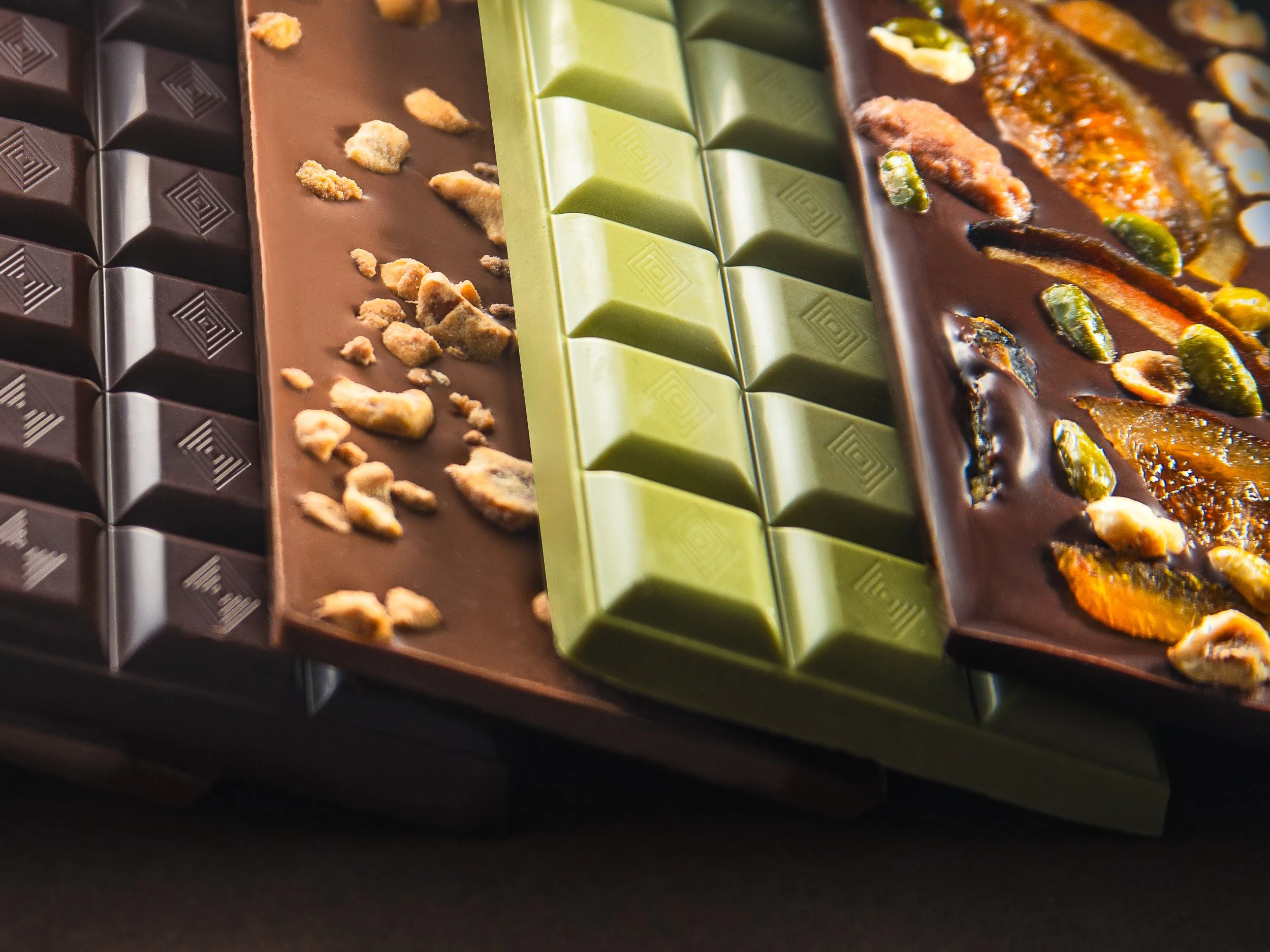 Display of Jean Marie Auboine Gourmet Chocolate Bars made with swiss Chocolate