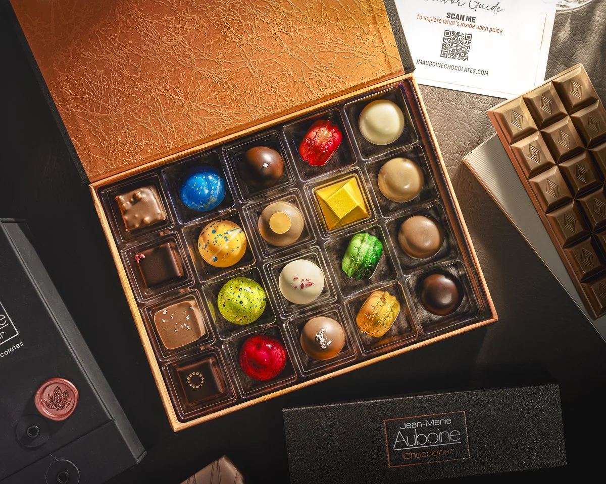 Display of a premium 20pc chocolat box by Jean-Marie Auboine chocolatier