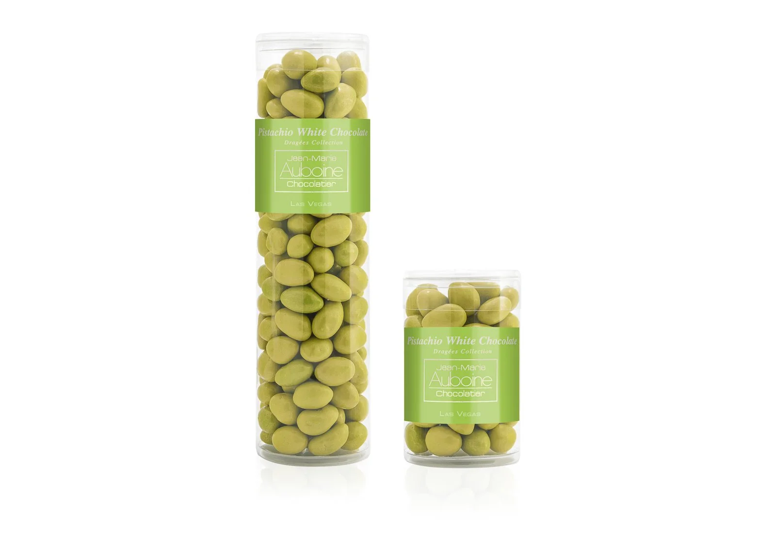 Pistachio White Chocolate Dragees coated in creamy white chocolate and finished with a crisp shell.