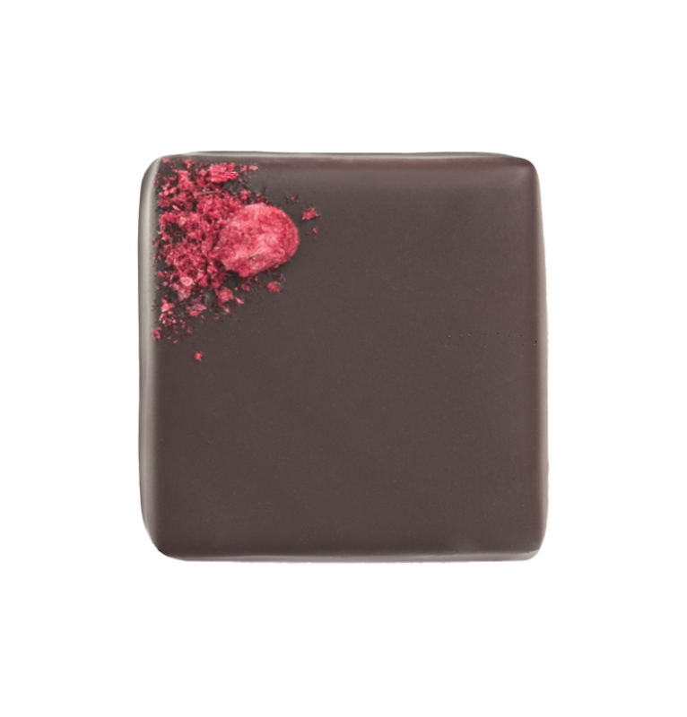 Jaipur bonbon with raspberry ganache infused with jasmine tea, highlighting floral and tea-inspired chocolate flavors.
