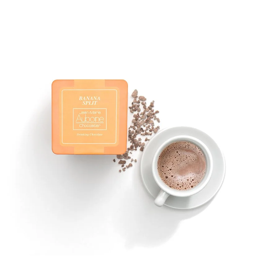 Banana Split Drinking Chocolate Premium Orange Tin with Hot Chocolate.jpg