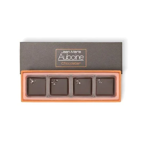 Artisan four-piece double sea salt chocolate tasting box with premium handcrafted bonbons.