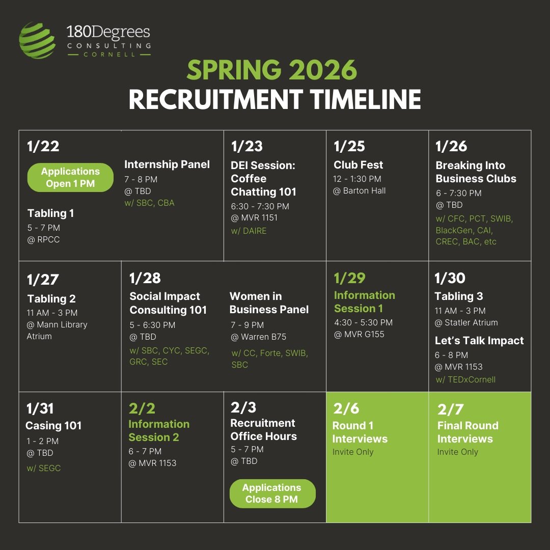 Learn more about 180DC through our recruitment events! Be sure to follow us on Instagram to stay updated on all our events and their locations!