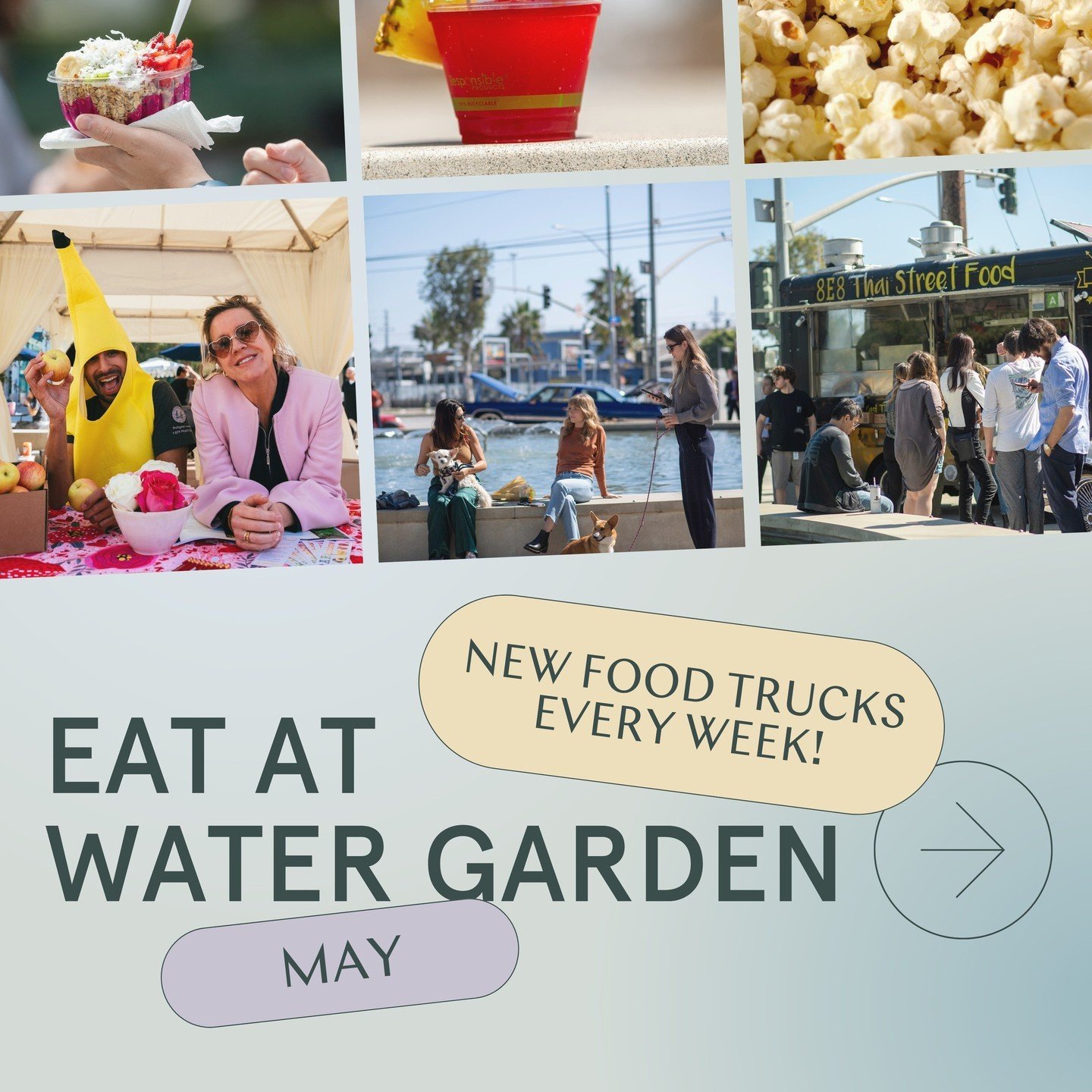 Swipe to see what amazing eats are headed your way for the month of May! You can find our food trucks at Olympic and 26th street every Tuesday and Thursday, from 11:30-2:30. Which will you go to?✨🌸⁠
⁠
⁠
#watergarden #santamonica #officelife #worklif