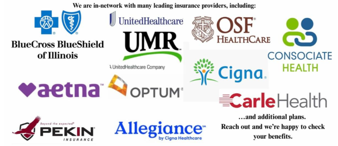 A graphic displaying logos of various healthcare insurance providers including BlueCross BlueShield of Illinois, UnitedHealthcare, OSF Healthcare, UMR, Cigna, Carle Health, Affina, Allegheny, Aetna, Optum, and PEKIN. The text at the top states, "We are in-network with many leading insurance providers," with additional text encouraging viewers to contact for benefits information.