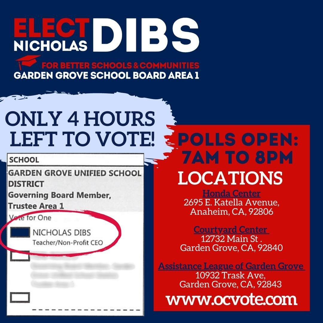 There are still a few hours left to elect NICHOLAS DIBS to Garden Grove Unified School District Governing Board Member Trustee Area 1. Find more voting and election information by visiting www.ocvote.com