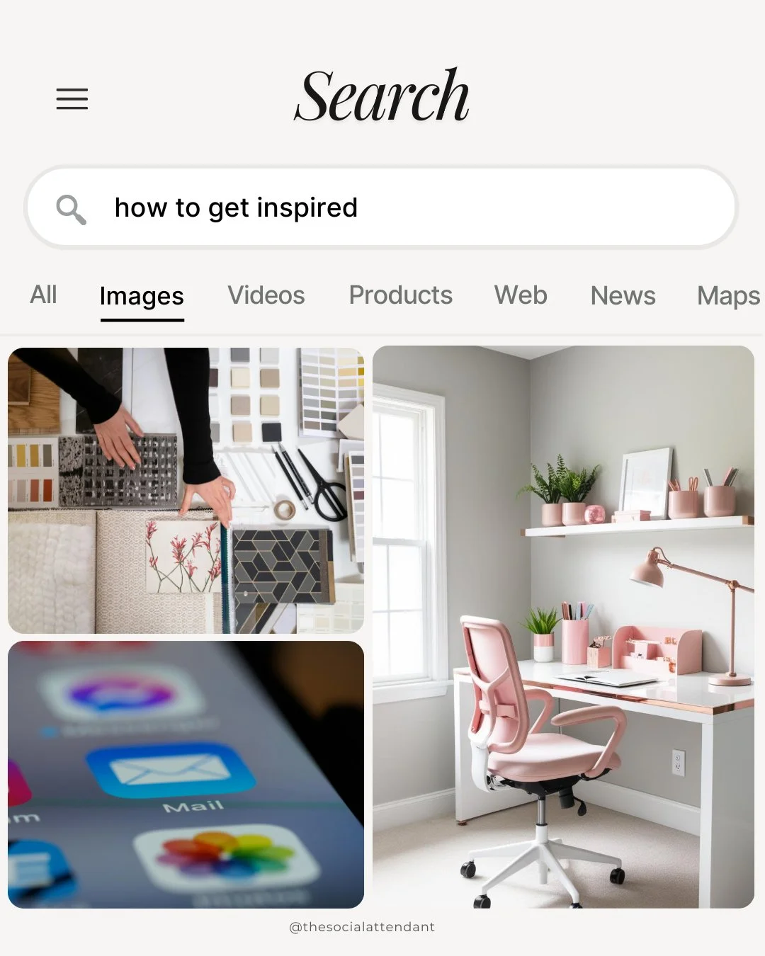 What do you search for when you need inspiration?

Do you scroll Pinterest for fresh wedding ideas?
Save Instagram posts that spark creativity?
Listen to podcasts that light a fire under you?
Or unplug completely and go for a walk to clear your head?