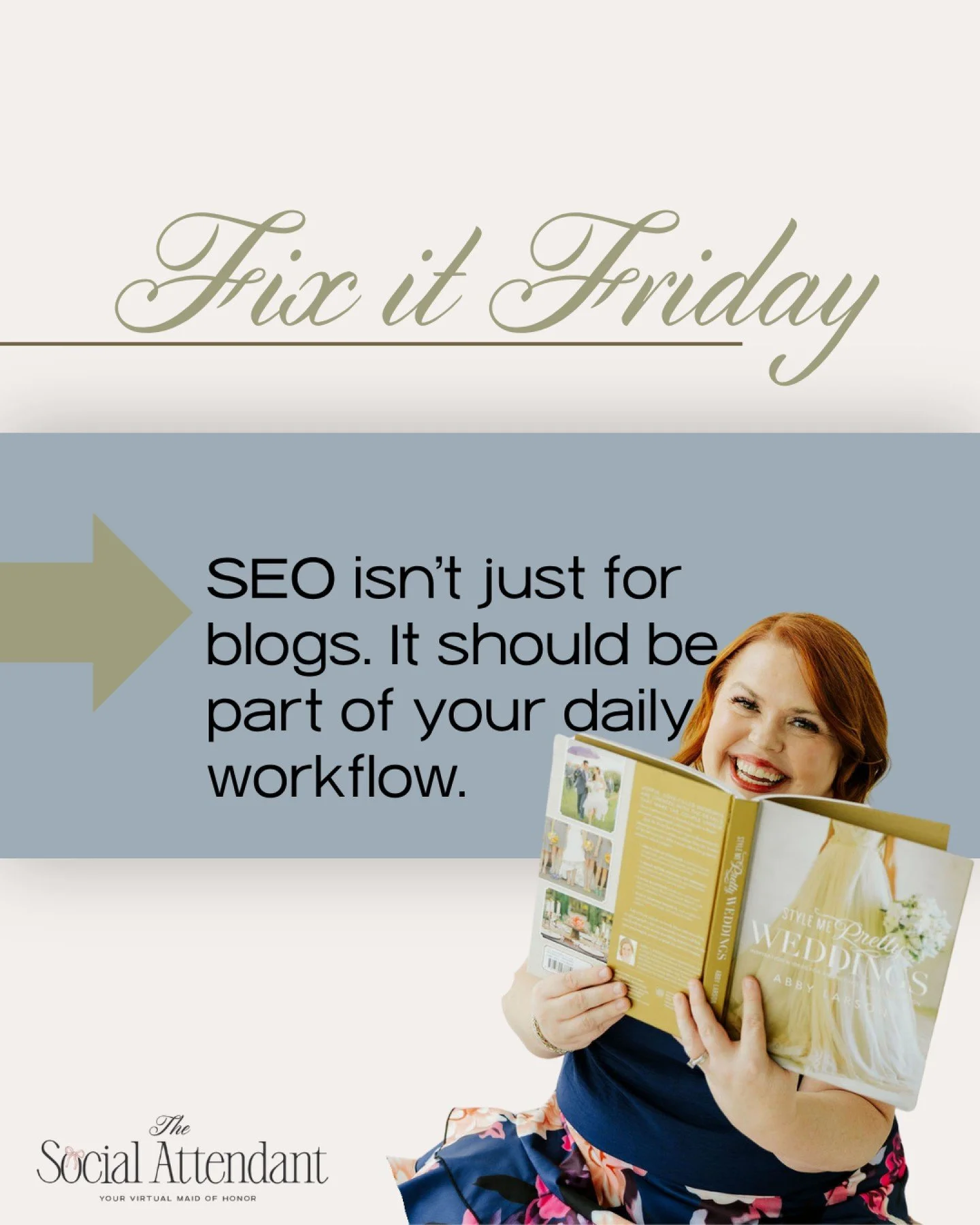Wedding pros&hellip; SEO is not just for blogging. 

If you&rsquo;re only thinking about SEO when writing a blog post, you&rsquo;re missing HUGE opportunities to get found online.

Your Instagram captions, Pinterest posts, website pages, Google Busin