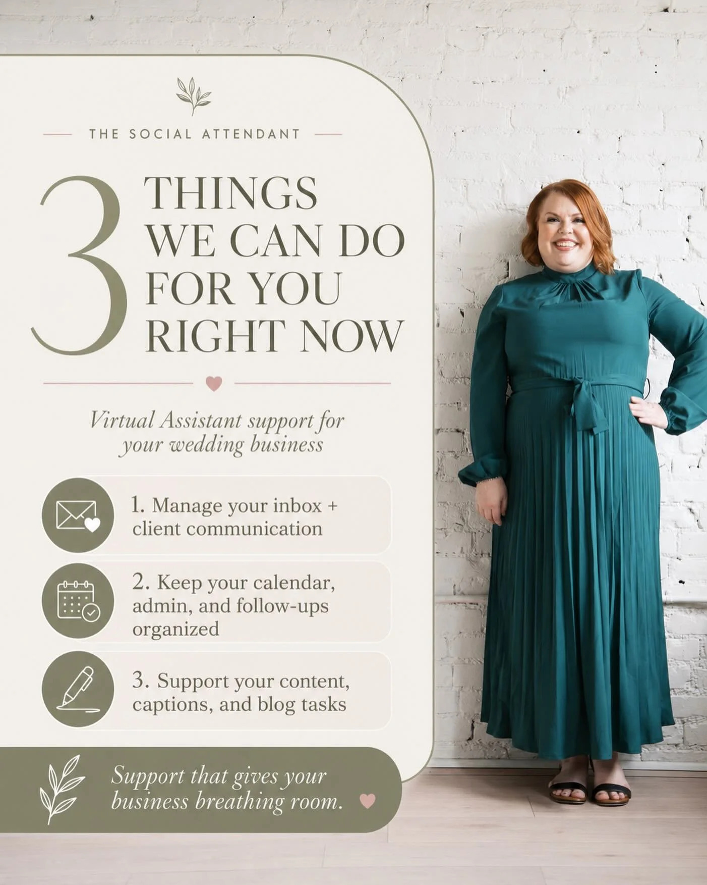 Wedding pros, doing everything yourself is not the flex you think it is.

You&rsquo;re already capable. But your business also deserves support.

At The Social Attendant, we help with the behind-the-scenes tasks that keep piling up: inbox management,